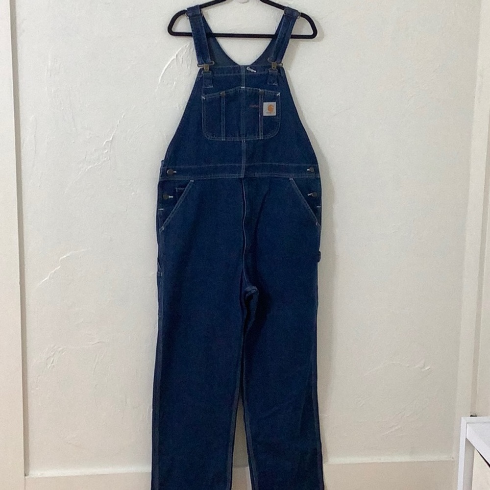Carhartt denim Overalls Carpenter pockets straight leg Bibs men size 38 X 32 EUC